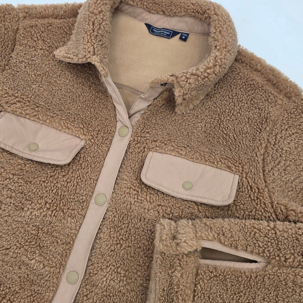 VINEYARD VINES SHERPA JACKET WOMENS MEDIUM TAN BROWN BUTTON SHAKET FLEECE WARM